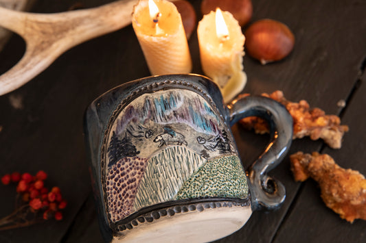 Woman riding white bear spirit in the mountains ceramic mug. Spirits, pagan, lucky mug