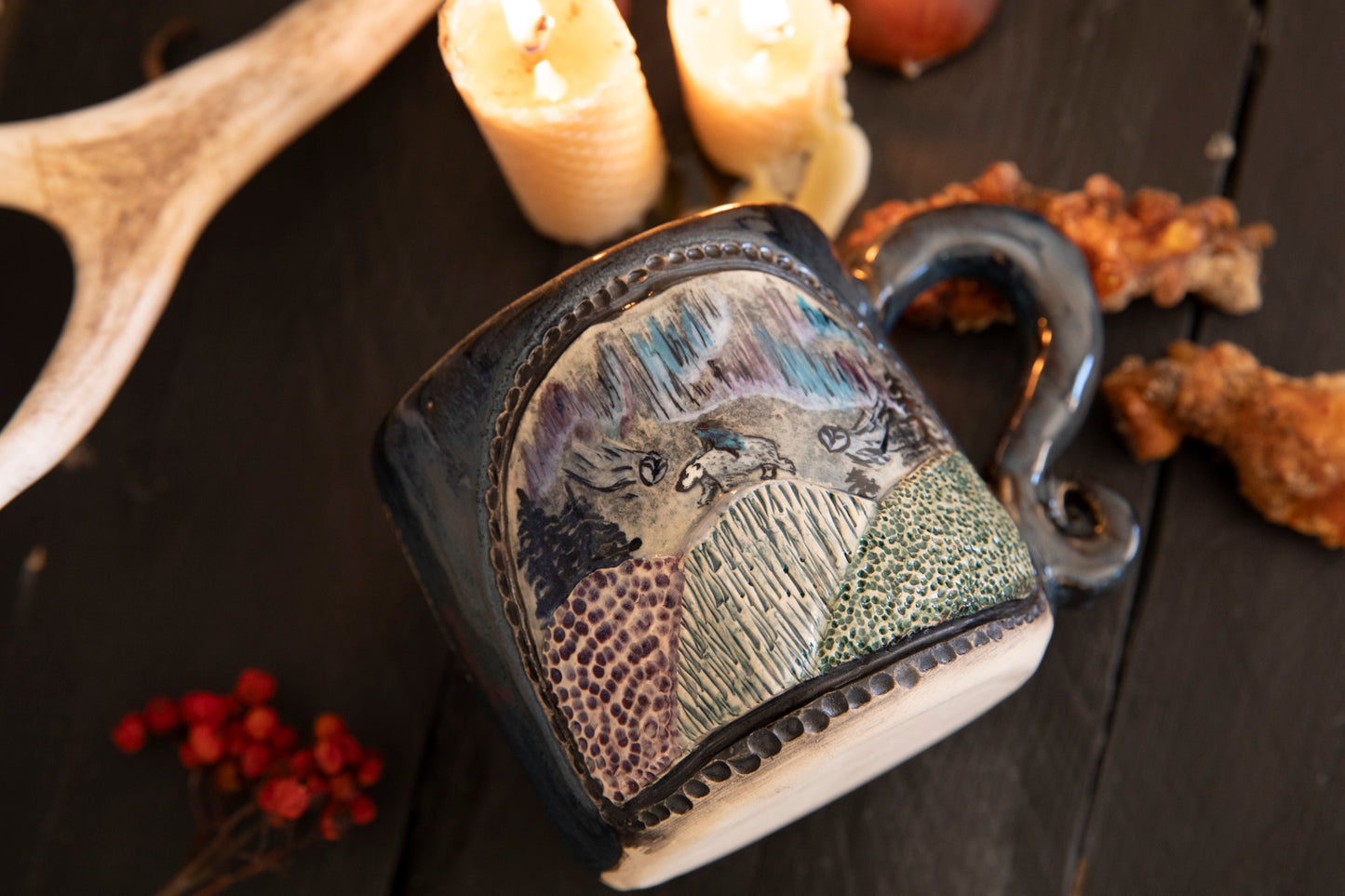 Woman riding white bear spirit in the mountains ceramic mug. Spirits, pagan, lucky mug