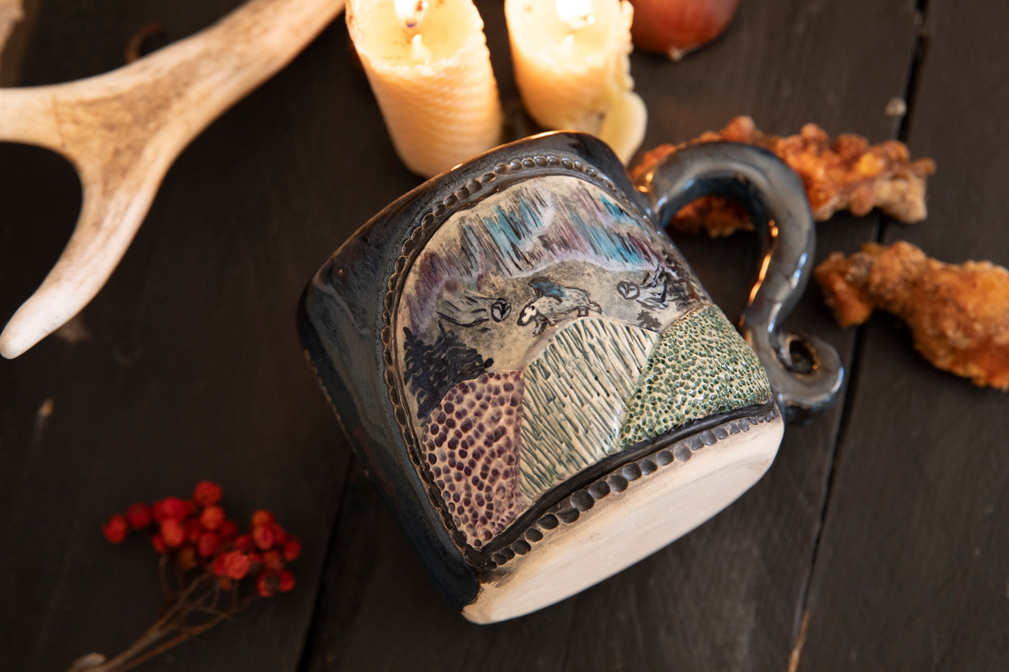 Woman riding white bear spirit in the mountains ceramic mug. Spirits, pagan, lucky mug
