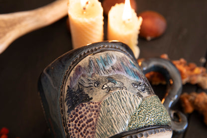 Woman riding white bear spirit in the mountains ceramic mug. Spirits, pagan, lucky mug