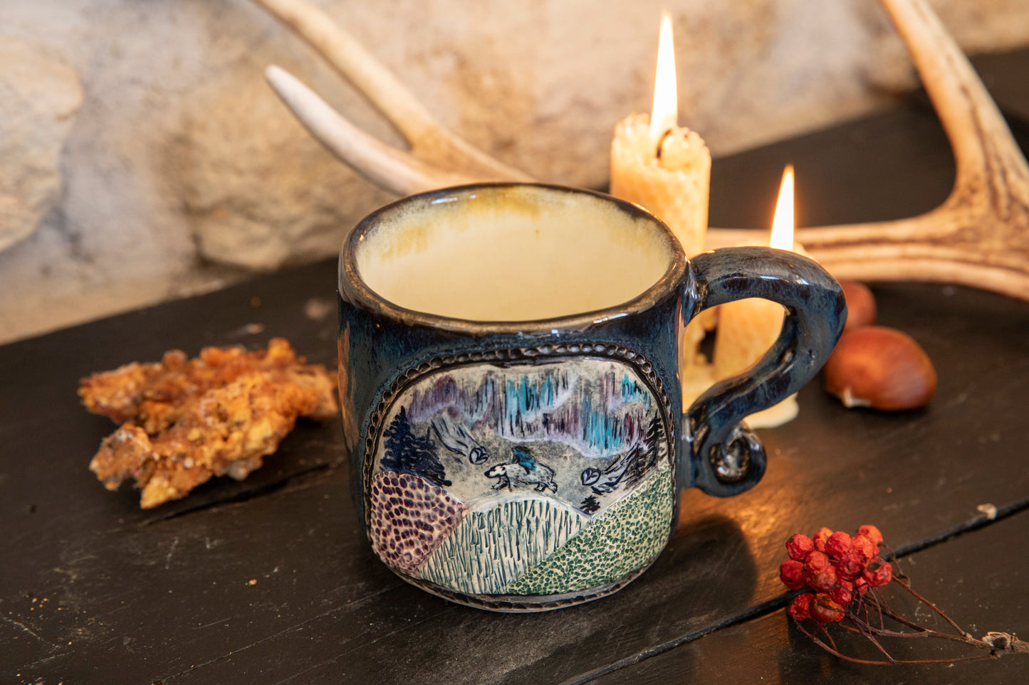 Woman riding white bear spirit in the mountains ceramic mug. Spirits, pagan, lucky mug