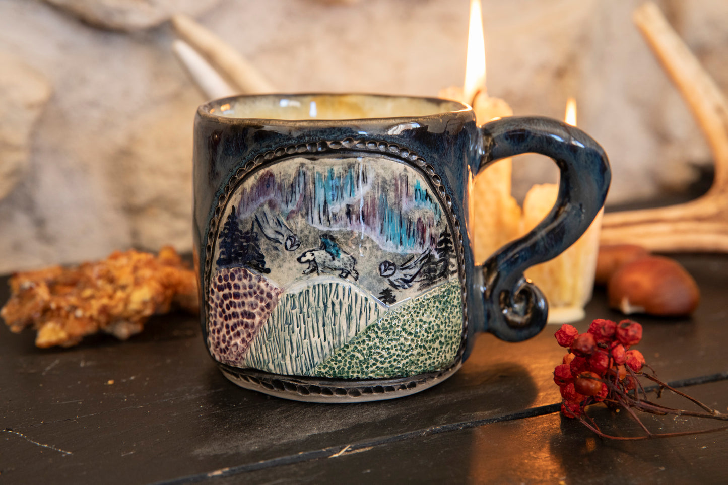 Woman riding white bear spirit in the mountains ceramic mug. Spirits, pagan, lucky mug