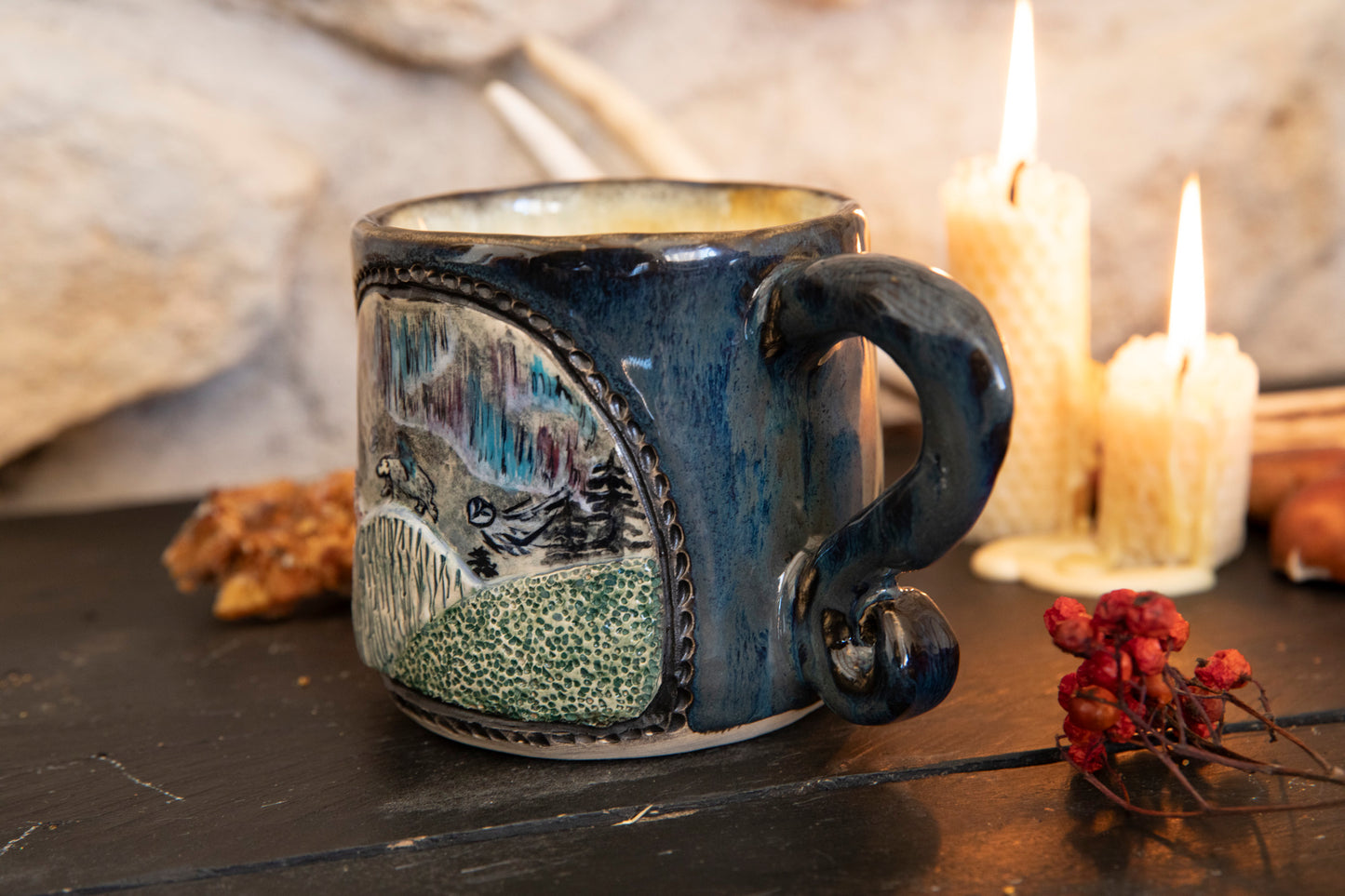 Woman riding white bear spirit in the mountains ceramic mug. Spirits, pagan, lucky mug