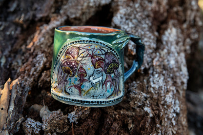 Magic forest with unicorn and mushrooms mug. Ceramic, pottery