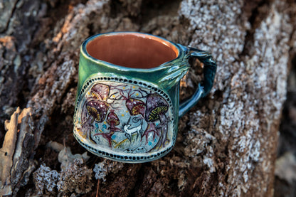 Magic forest with unicorn and mushrooms mug. Ceramic, pottery