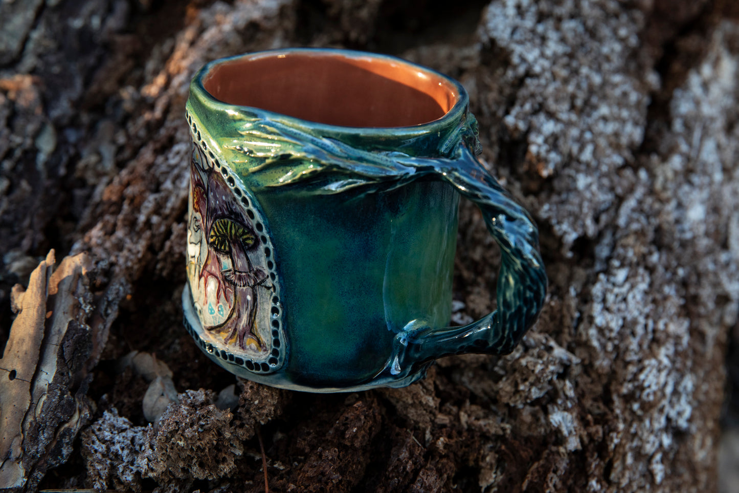 Magic forest with unicorn and mushrooms mug. Ceramic, pottery