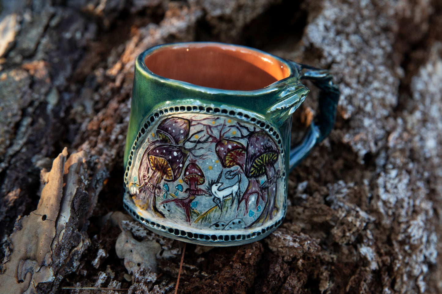 Magic forest with unicorn and mushrooms mug. Ceramic, pottery