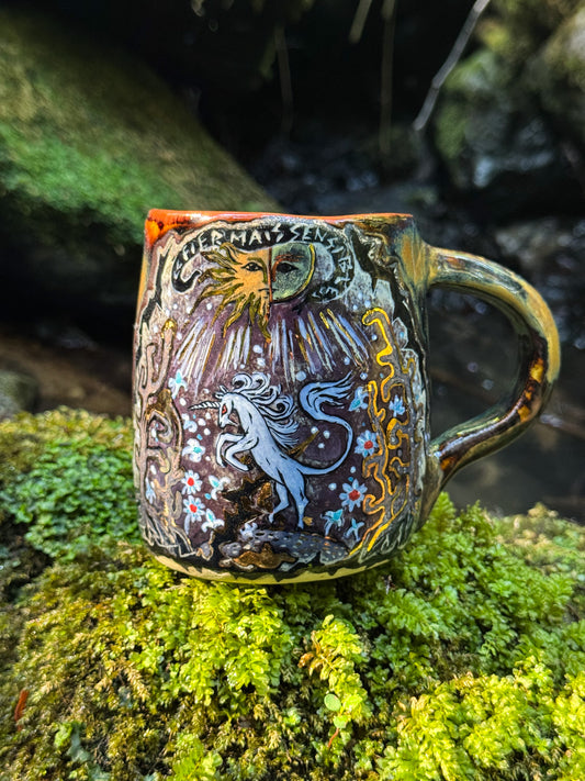 Fierce but sensitive ceramic mug with unicorn and gold