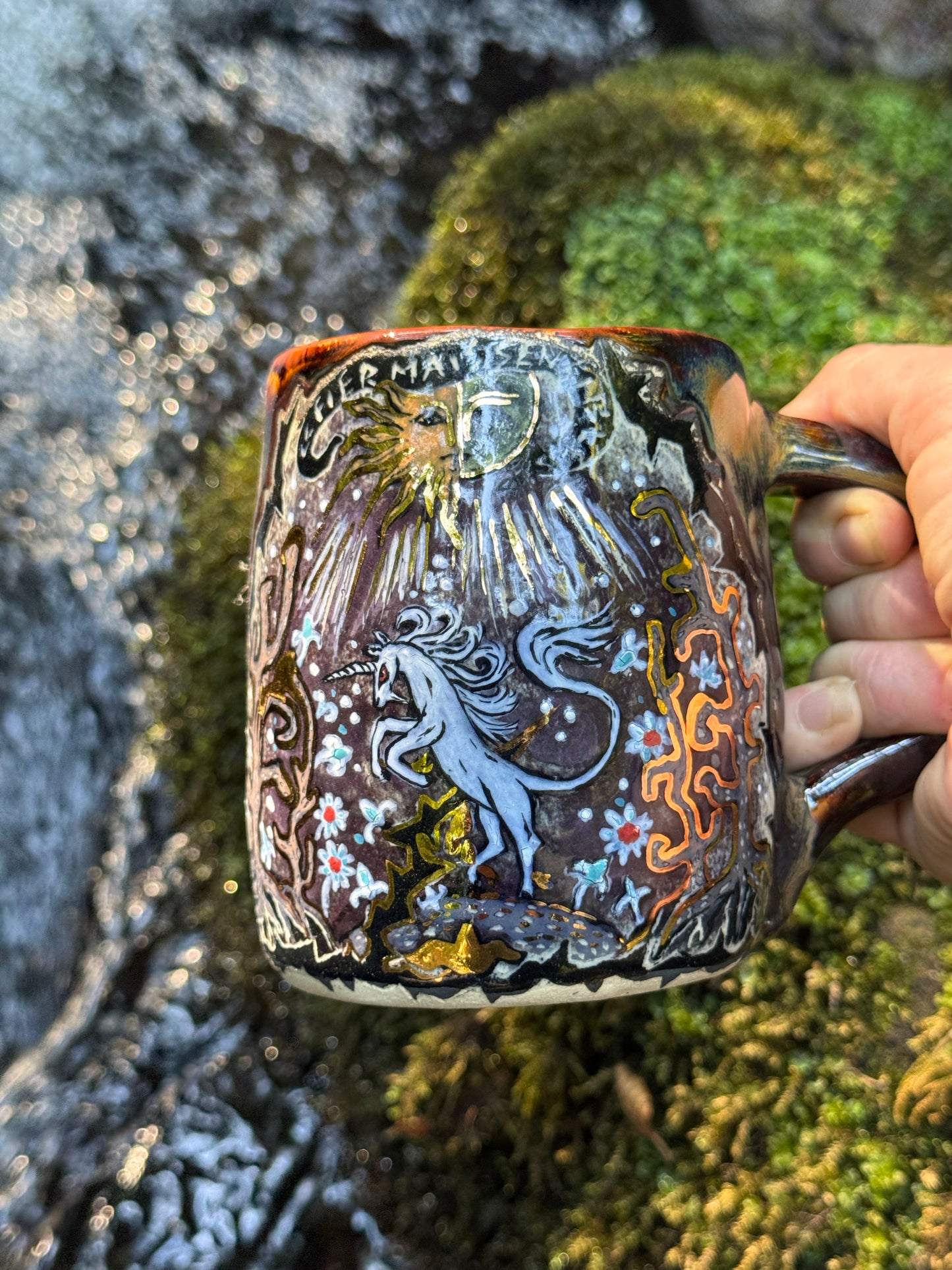 Fierce but sensitive ceramic mug with unicorn and gold