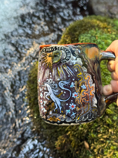 Fierce but sensitive ceramic mug with unicorn and gold