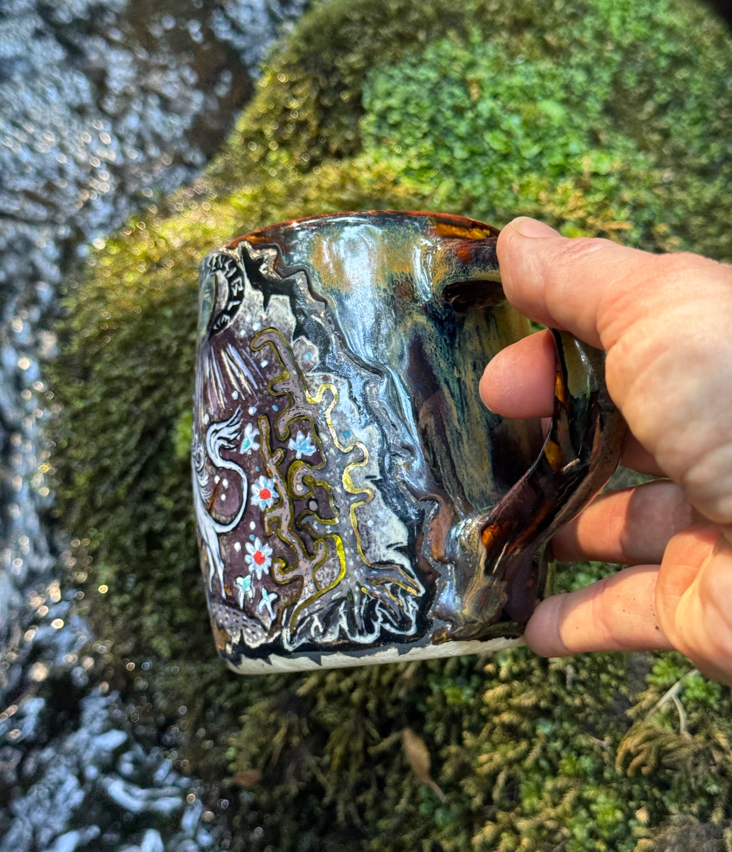 Fierce but sensitive ceramic mug with unicorn and gold