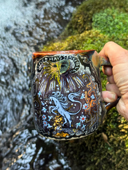 Fierce but sensitive ceramic mug with unicorn and gold