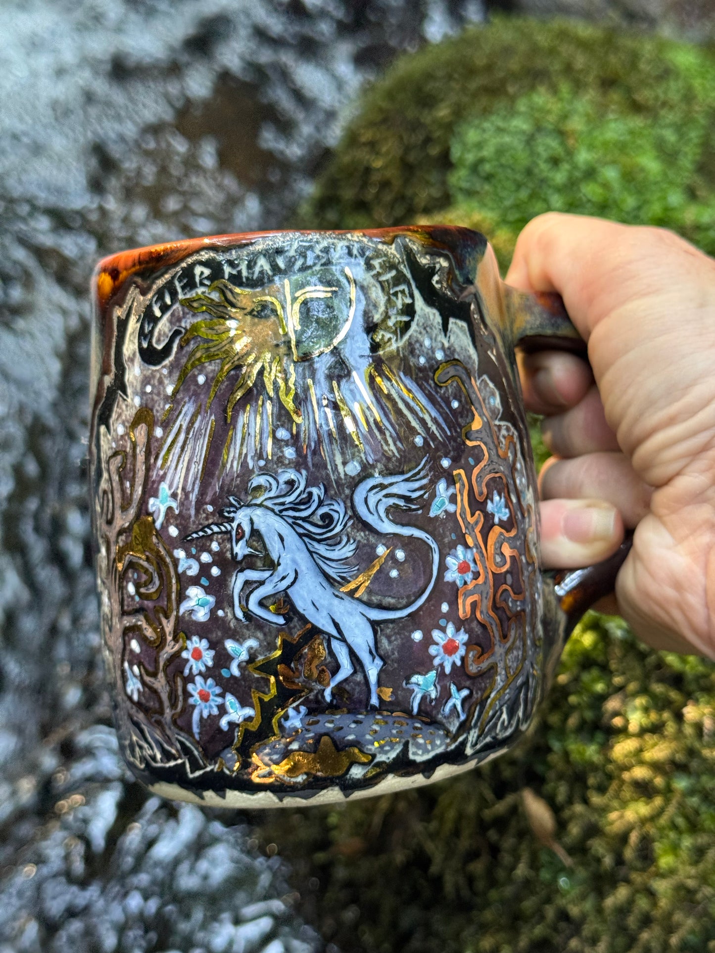 Fierce but sensitive ceramic mug with unicorn and gold
