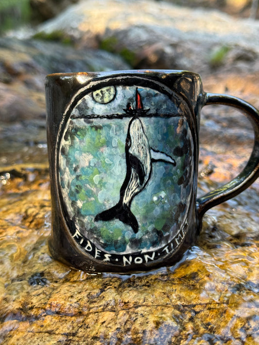 Whale and small boat with little girl in the sea, ceramic mug