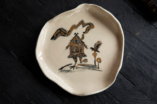 Baba Yaga cabin ceramic plate dish with real gold.