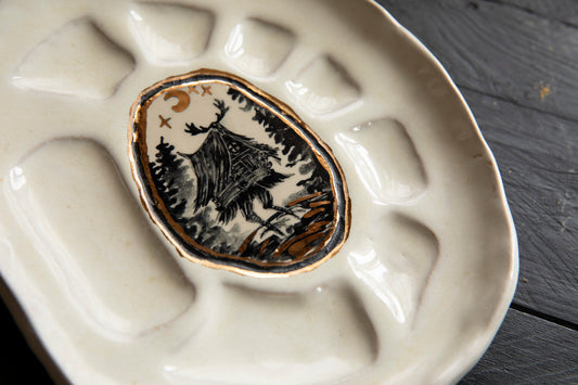 Baba Yaga cabin ceramic palette with real gold.