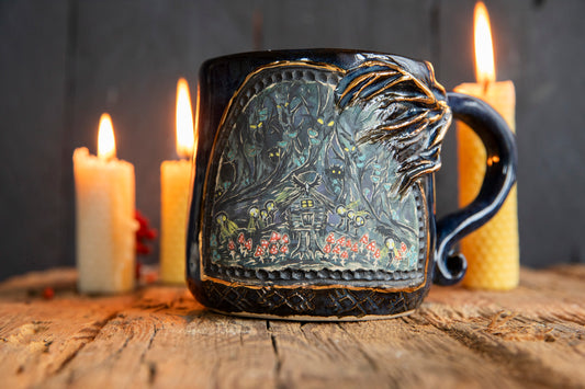 Baba Yaga ceramic mug with real gold. Magic forest mug. Pottery. Witch, cabin, hut, pottery