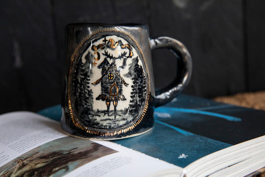 Baba Yaga ceramic mug with real gold. Magic forest mug. Pottery. Witch, cabin, hut, pottery