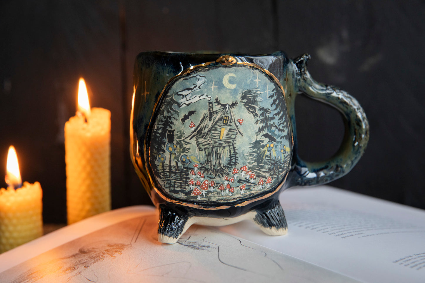 Baba Yaga ceramic mug with real gold. Magic forest mug. Pottery. Witch, cabin, hut, pottery