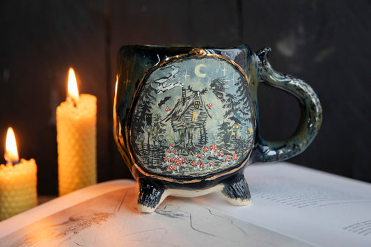 Baba Yaga ceramic mug with real gold. Magic forest mug. Pottery. Witch, cabin, hut, pottery