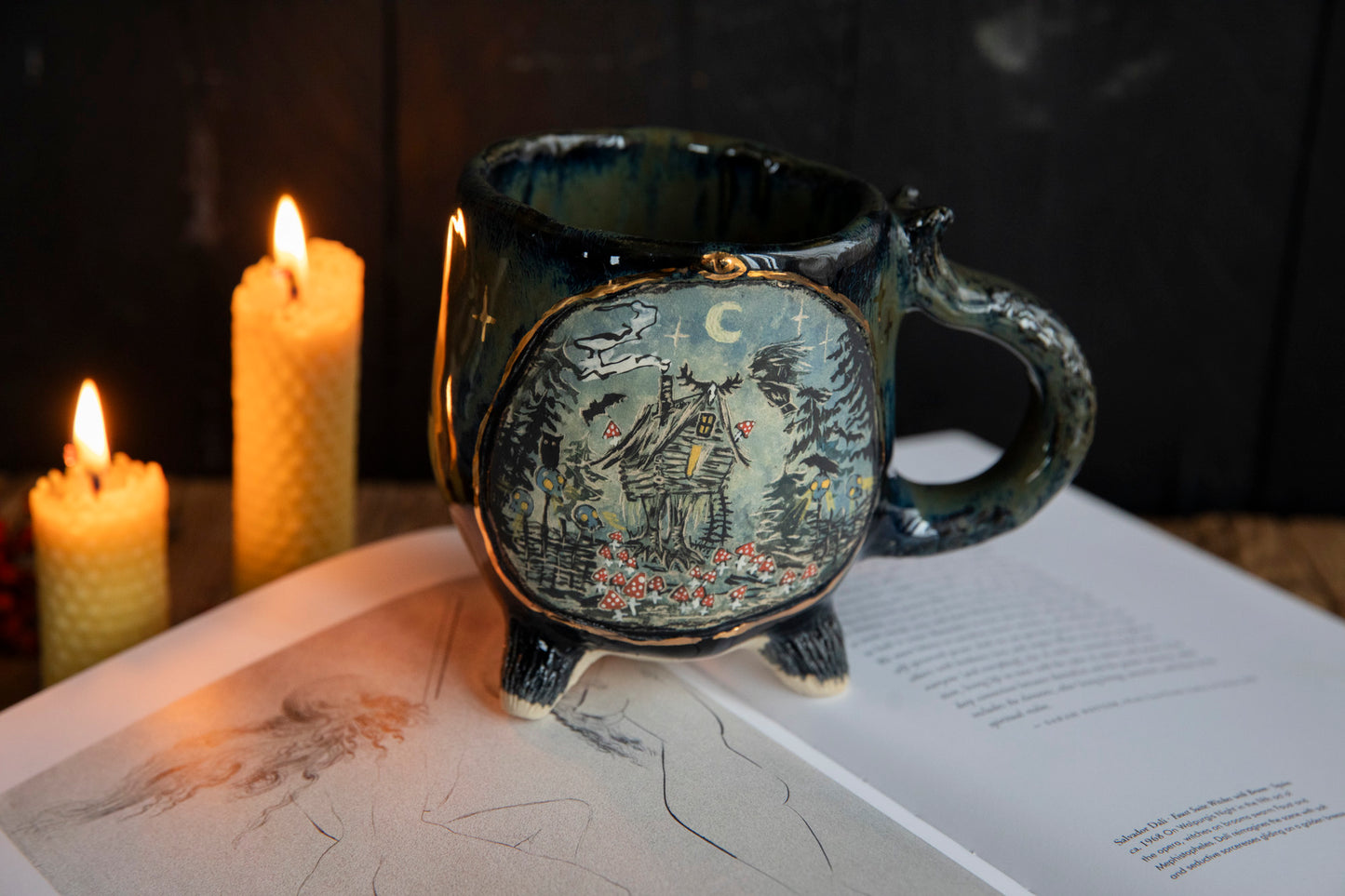 Baba Yaga ceramic mug with real gold. Magic forest mug. Pottery. Witch, cabin, hut, pottery