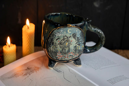 Baba Yaga ceramic mug with real gold. Magic forest mug. Pottery. Witch, cabin, hut, pottery