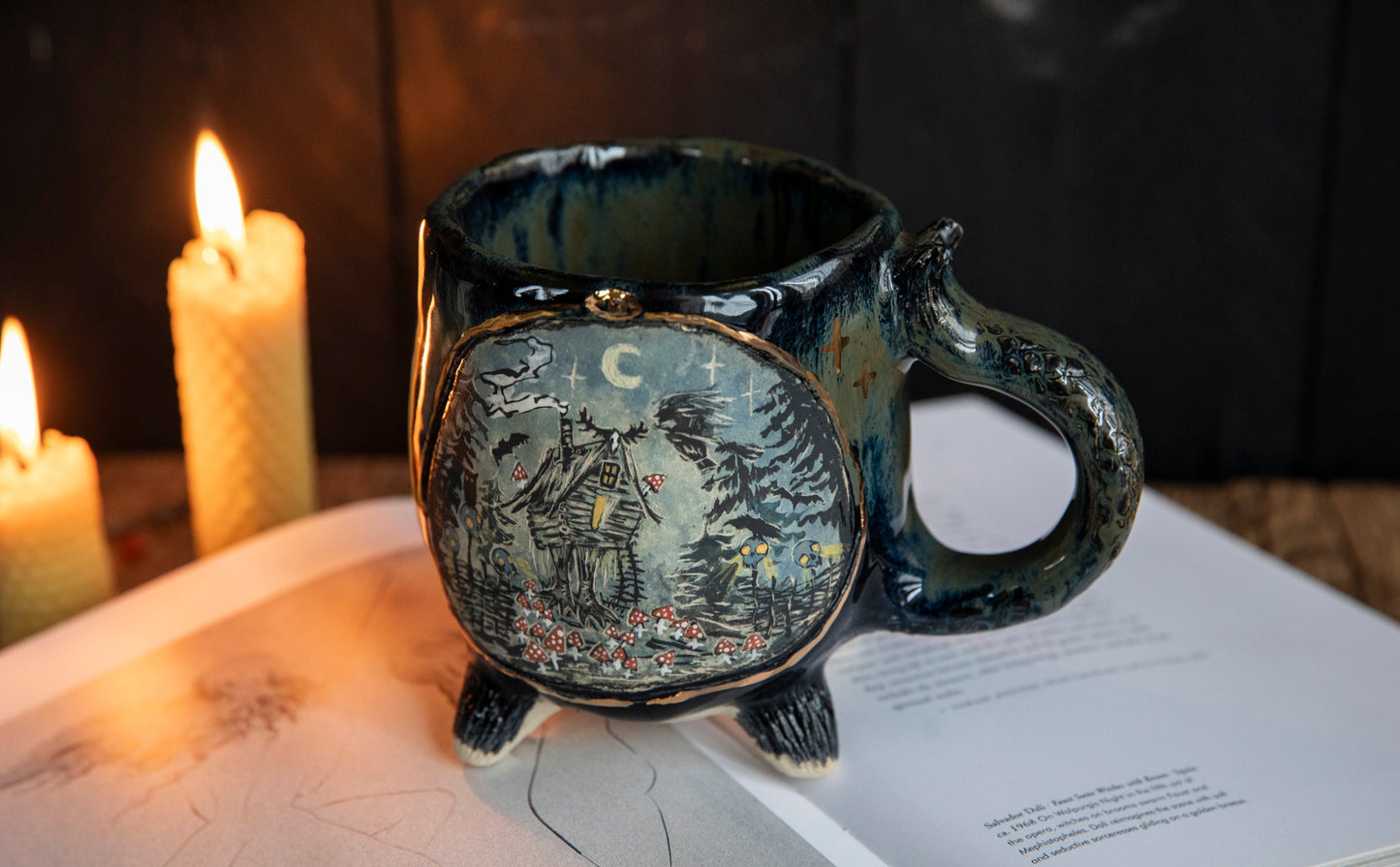 Baba Yaga ceramic mug with real gold. Magic forest mug. Pottery. Witch, cabin, hut, pottery
