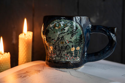 Baba Yaga ceramic mug with real gold. Magic forest mug. Pottery. Witch, cabin, hut, pottery