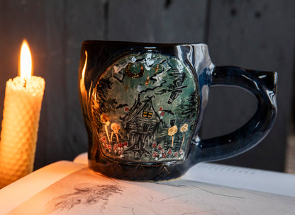 Baba Yaga ceramic mug with real gold. Magic forest mug. Pottery. Witch, cabin, hut, pottery