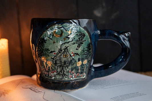 Baba Yaga ceramic mug with real gold. Magic forest mug. Pottery. Witch, cabin, hut, pottery