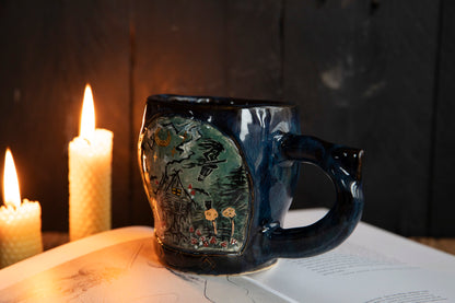 Baba Yaga ceramic mug with real gold. Magic forest mug. Pottery. Witch, cabin, hut, pottery
