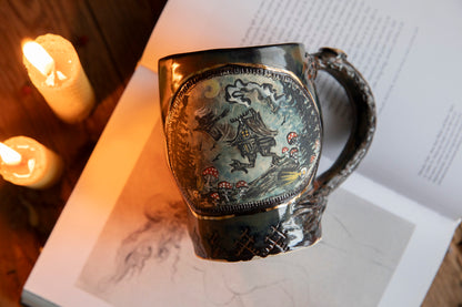Baba Yaga ceramic mug with scull in real gold. Magic forest mug. Pottery. Witch, cabin, hut, pottery