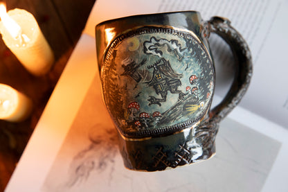 Baba Yaga ceramic mug with scull in real gold. Magic forest mug. Pottery. Witch, cabin, hut, pottery