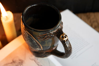 Baba Yaga ceramic mug with scull in real gold. Magic forest mug. Pottery. Witch, cabin, hut, pottery