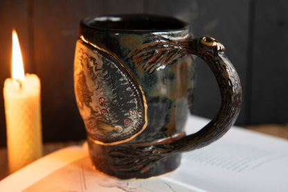 Baba Yaga ceramic mug with scull in real gold. Magic forest mug. Pottery. Witch, cabin, hut, pottery