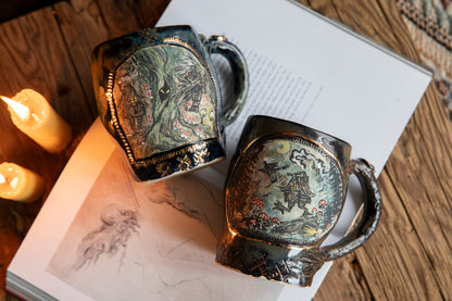 Baba Yaga ceramic mug with scull in real gold. Magic forest mug. Pottery. Witch, cabin, hut, pottery
