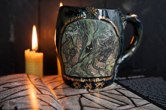Baba Yaga ceramic mug with real gold. Magic forest mug. Pottery. Witch, cabin, hut, pottery