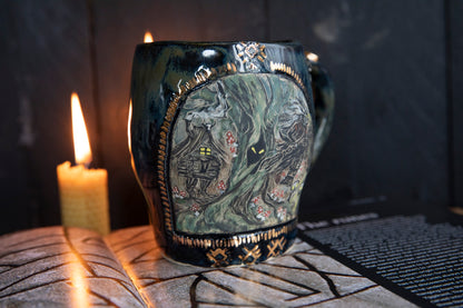 Baba Yaga ceramic mug with real gold. Magic forest mug. Pottery. Witch, cabin, hut, pottery