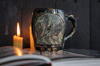 Baba Yaga ceramic mug with real gold. Magic forest mug. Pottery. Witch, cabin, hut, pottery