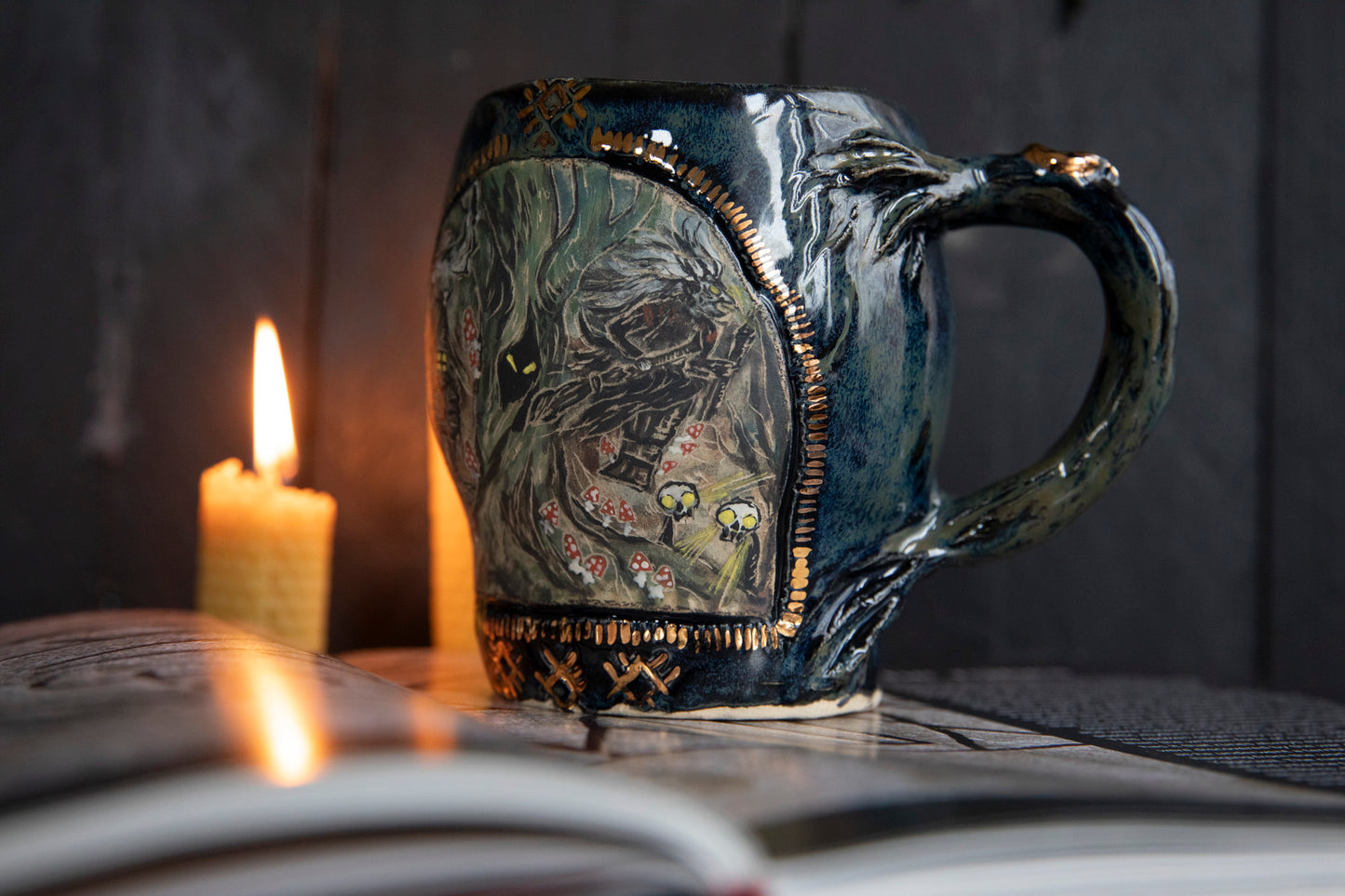Baba Yaga ceramic mug with real gold. Magic forest mug. Pottery. Witch, cabin, hut, pottery