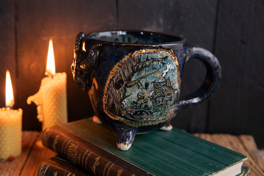 Baba Yaga ceramic mug with bull scull and real gold. Magic forest mug. Pottery. Witch, cabin, hut, pottery