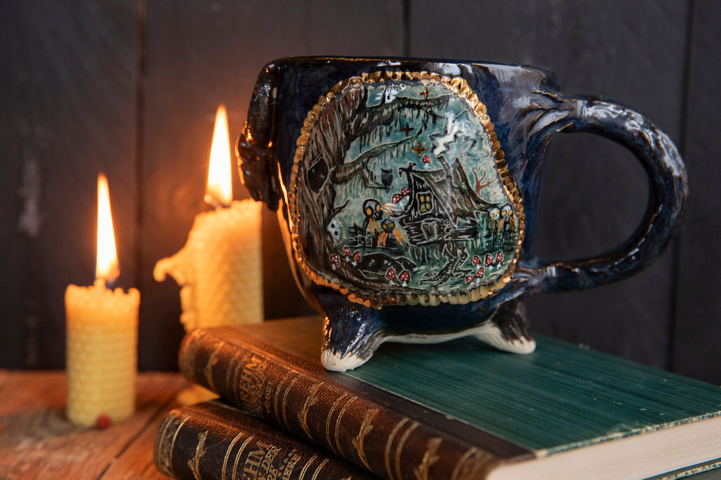 Baba Yaga ceramic mug with bull scull and real gold. Magic forest mug. Pottery. Witch, cabin, hut, pottery
