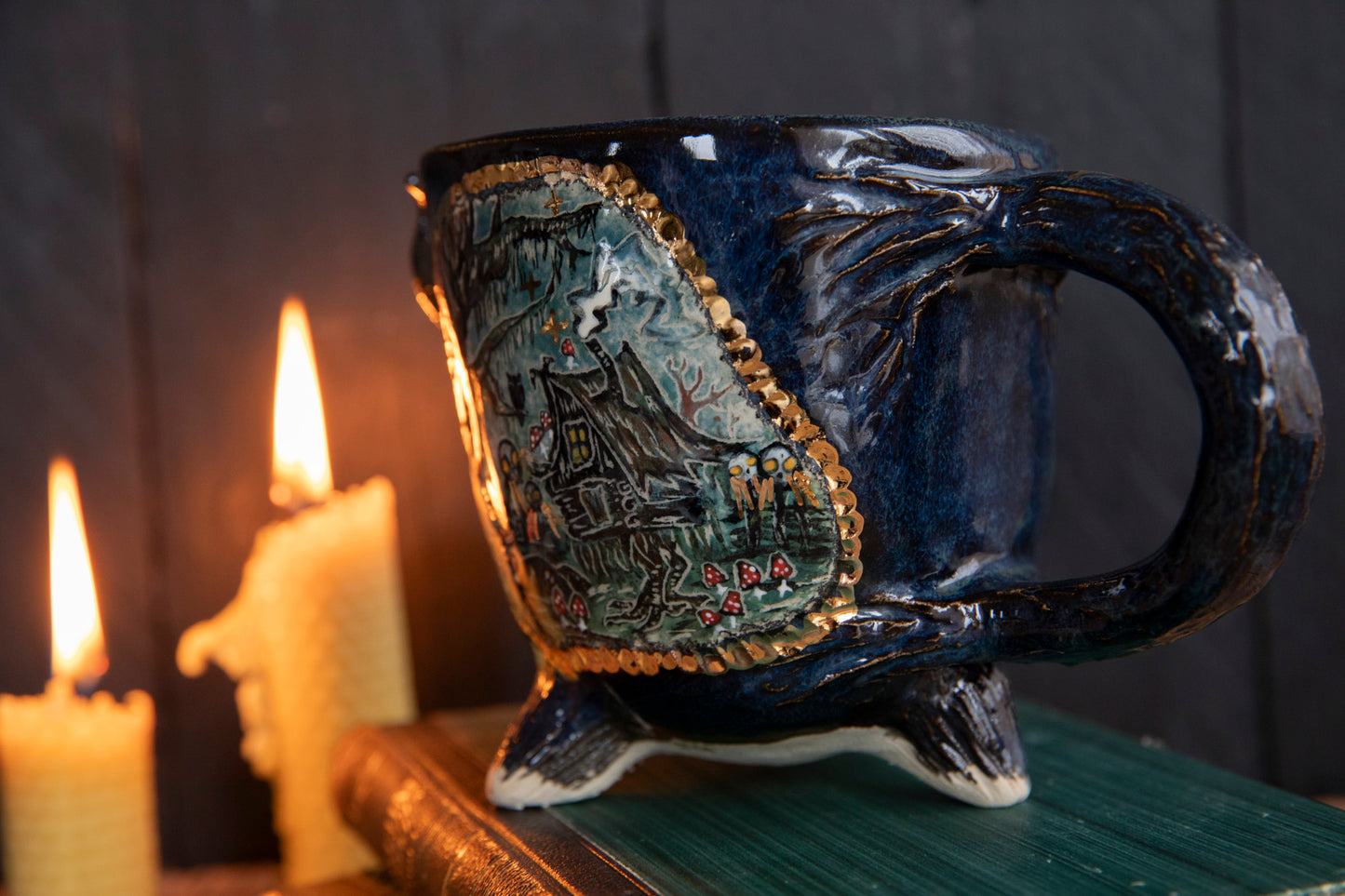 Baba Yaga ceramic mug with bull scull and real gold. Magic forest mug. Pottery. Witch, cabin, hut, pottery