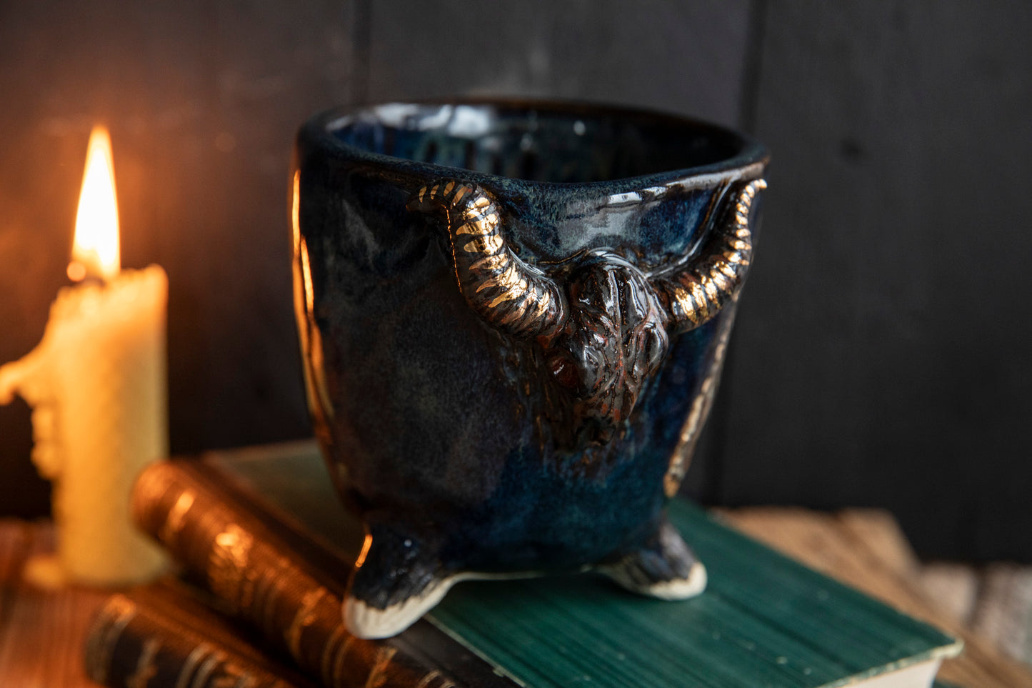 Baba Yaga ceramic mug with bull scull and real gold. Magic forest mug. Pottery. Witch, cabin, hut, pottery