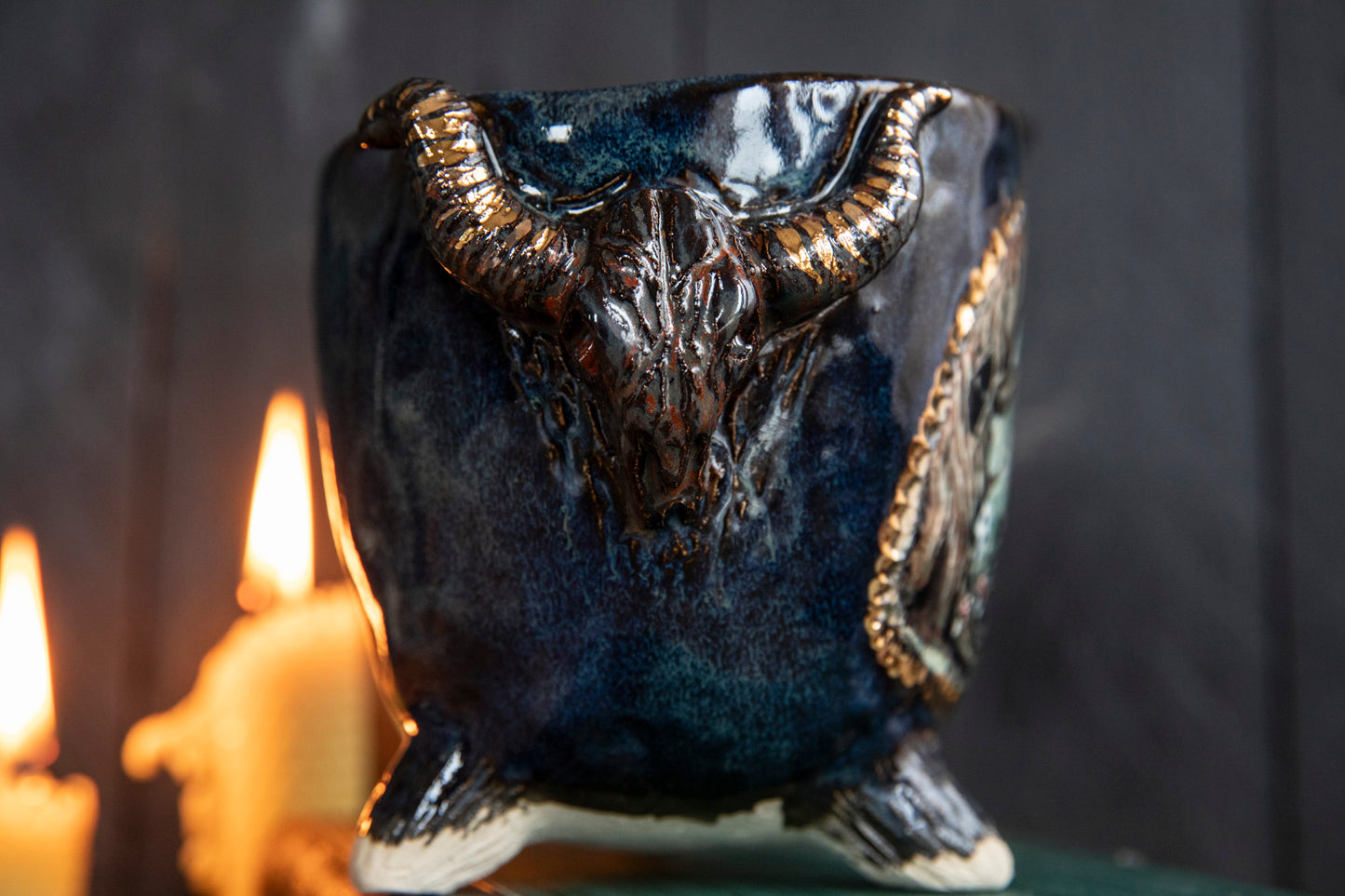 Baba Yaga ceramic mug with bull scull and real gold. Magic forest mug. Pottery. Witch, cabin, hut, pottery