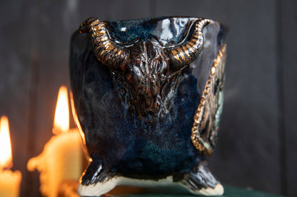 Baba Yaga ceramic mug with bull scull and real gold. Magic forest mug. Pottery. Witch, cabin, hut, pottery