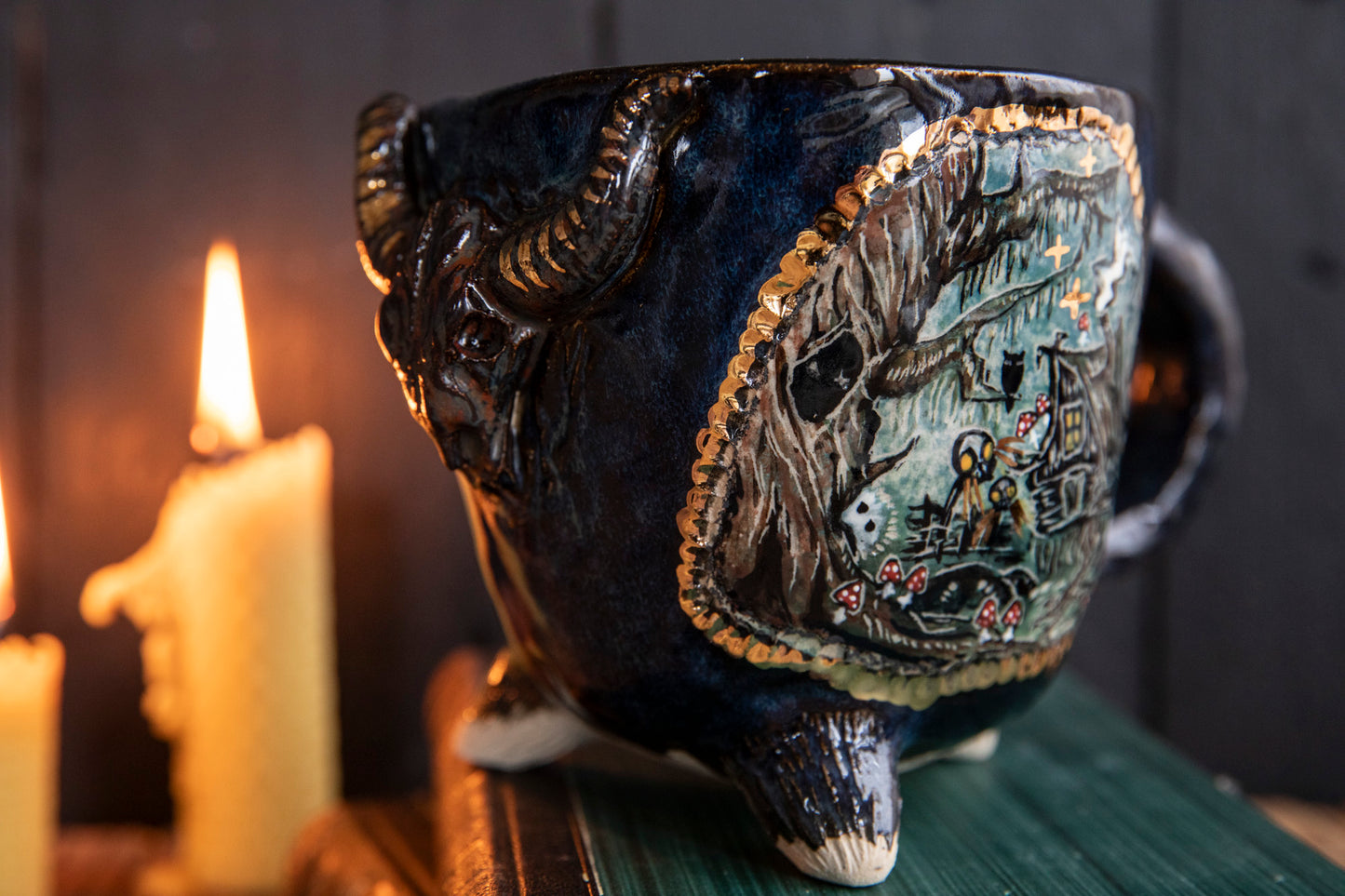 Baba Yaga ceramic mug with bull scull and real gold. Magic forest mug. Pottery. Witch, cabin, hut, pottery