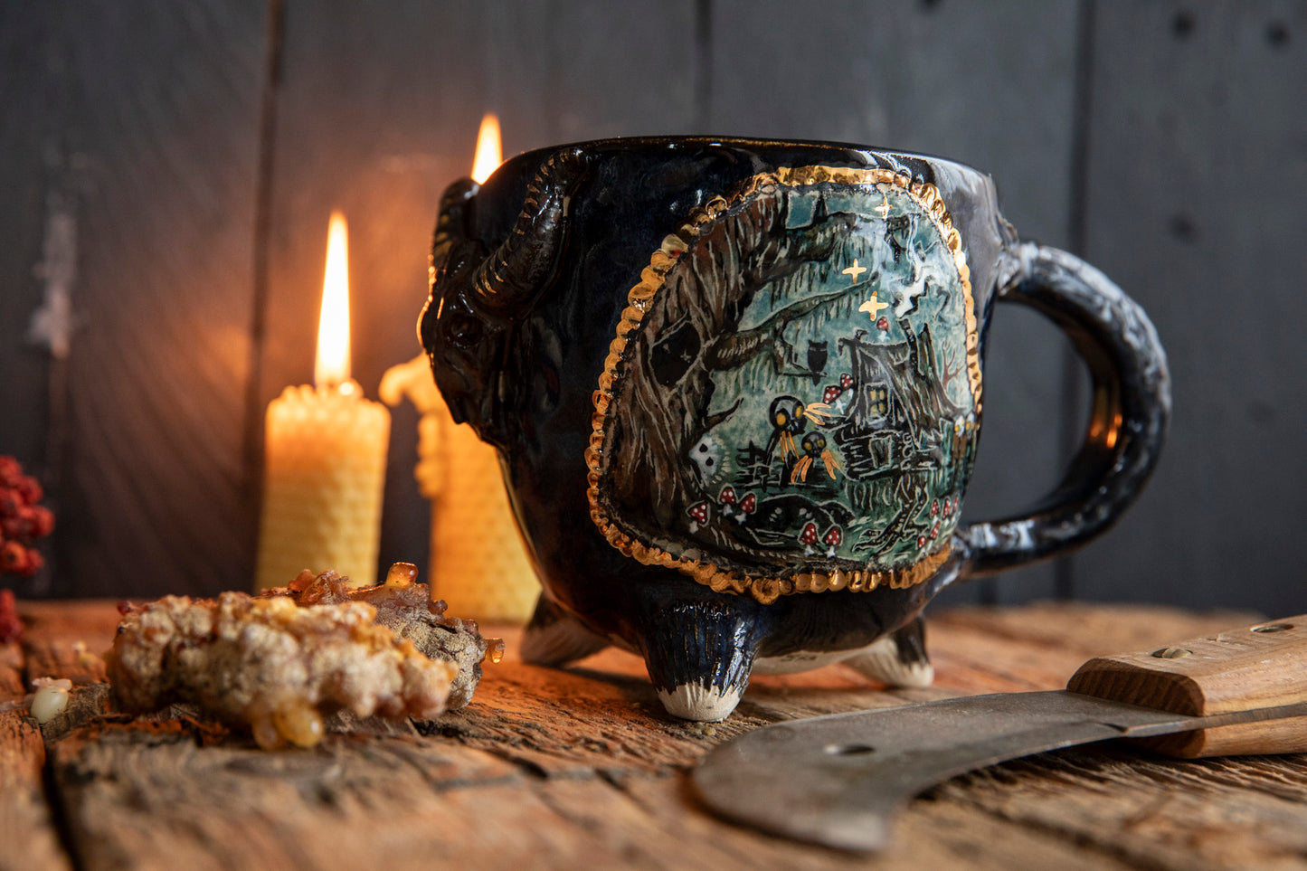 Baba Yaga ceramic mug with bull scull and real gold. Magic forest mug. Pottery. Witch, cabin, hut, pottery