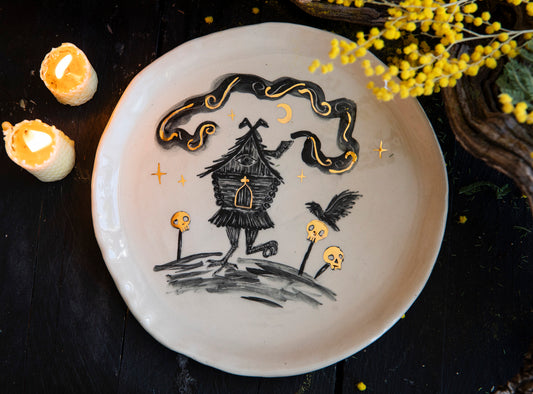 Baba Yaga cabin ceramic plate dish with real gold.