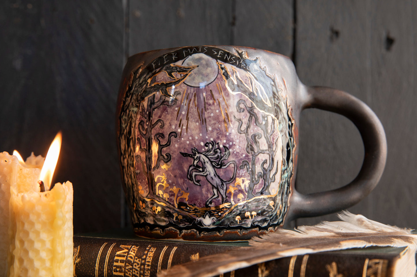 Fierce but sensitive ceramic mug with unicorn